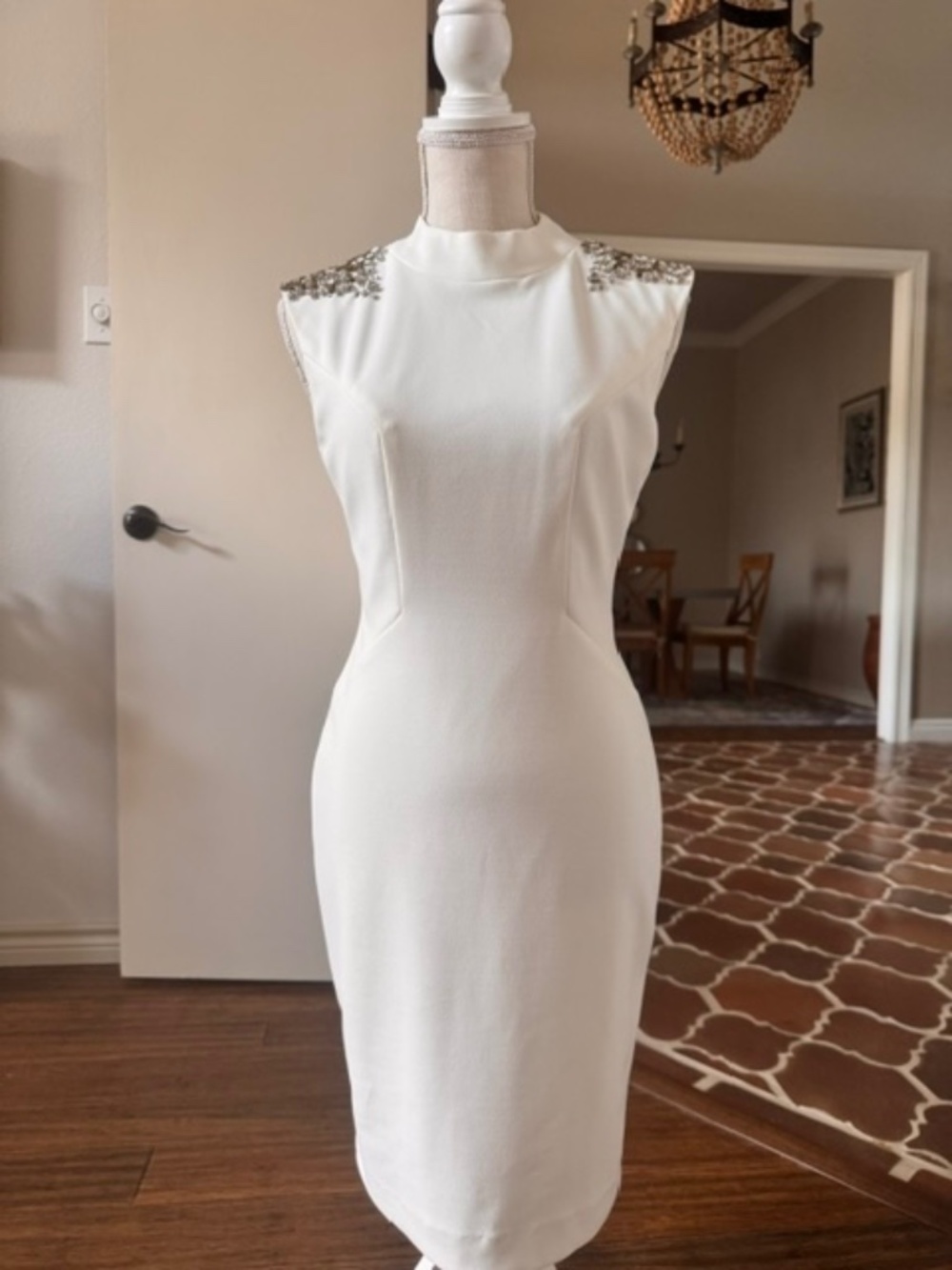 Vince Camuto White Mock Neck Dress with Crystal Beaded Shoulders Size 4